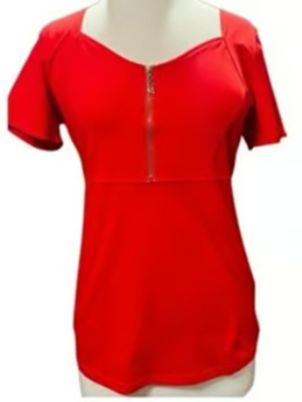 Lightweight Short Sleeve Red Top Gold Zip Front Stretch Breathable Blouse Medium